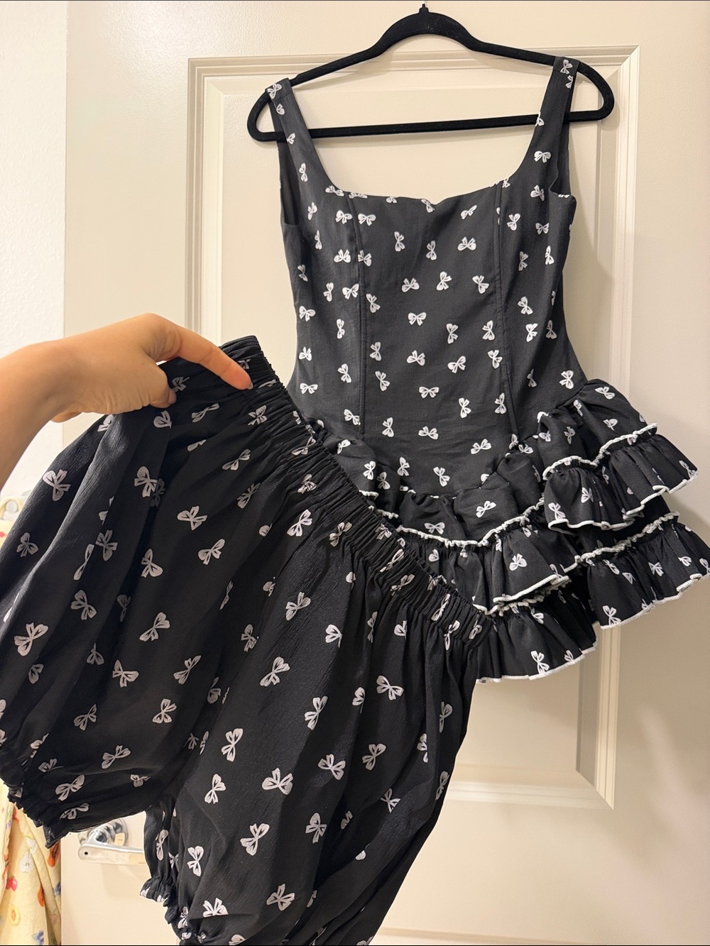 Black Ribbon Print Ruffle Mini Dress - Picture 5 of 6